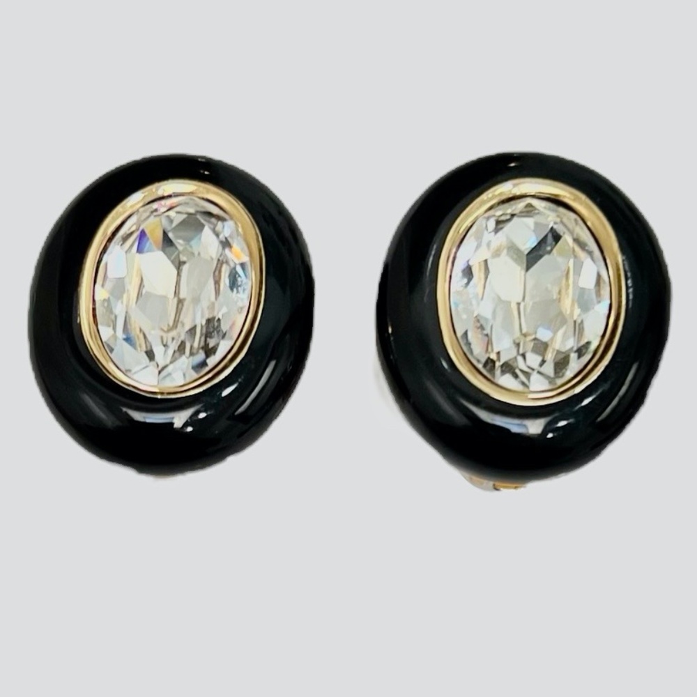 CHRISTIAN DIOR BLACK ENAMEL & FACETED CRYSTAL OVAL CLIP ON EARRINGS - Picture 16 of 16
